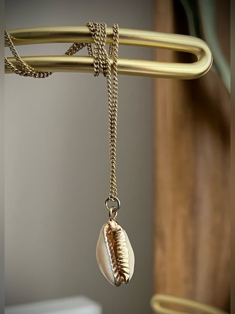 Gold tone Shell Pendant Necklace - Cowrie Charm